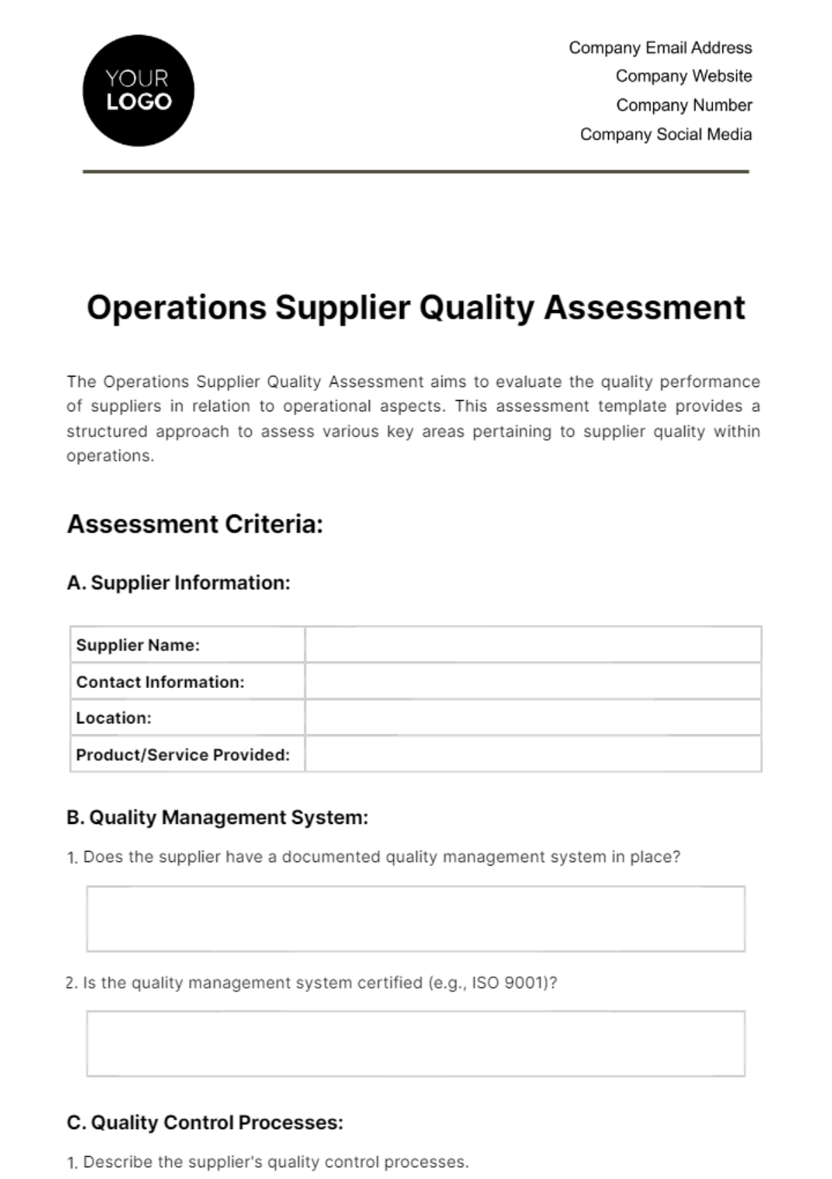 Supplier Quality Requirements Template